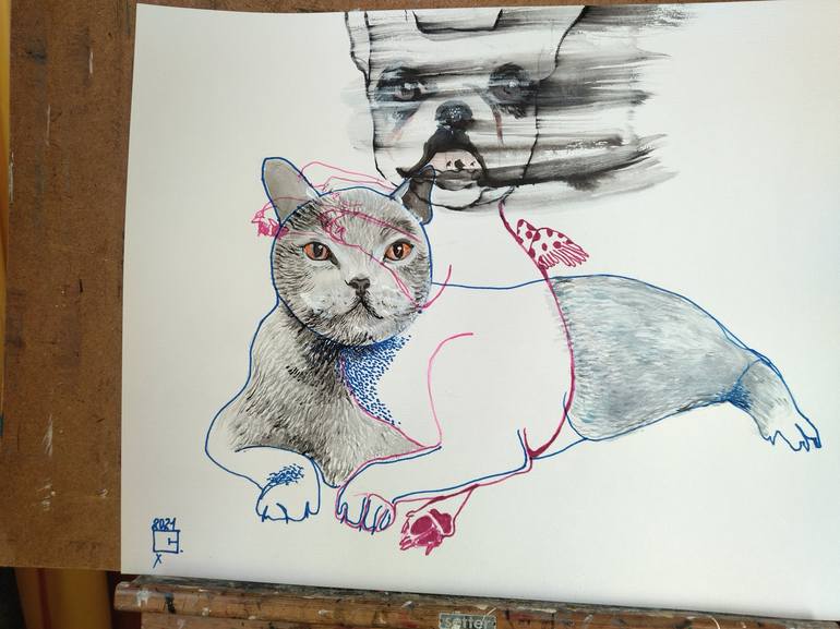 Original Cats Drawing by Olga Gál