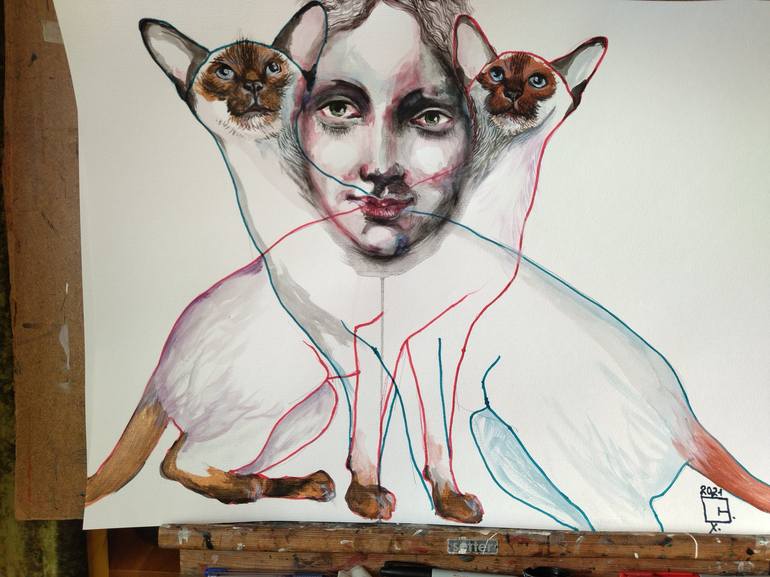 Original Figurative Cats Drawing by Olga Gál