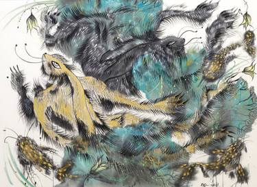 Hares in the pond. Ink painting XL thumb