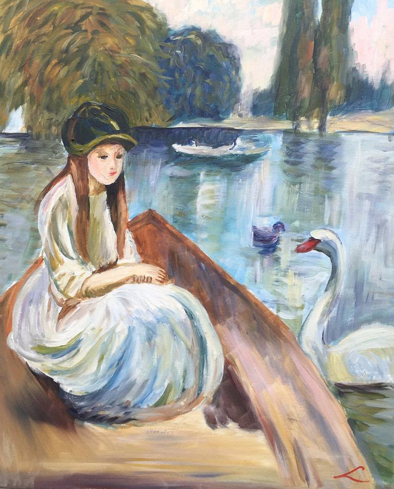 Original Boat Painting by Elena Sokolova | Impressionism Art on Canvas | On the lake