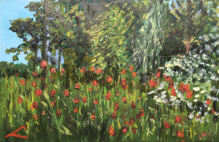 Original Landscape Painting by Elena Sokolova  Impressionism Art on Canvas  Poppies time