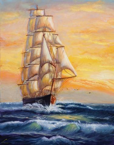 Print of Impressionism Sailboat Paintings by Elena Sokolova