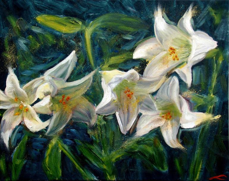 White lilies Painting by Elena Sokolova | Saatchi Art