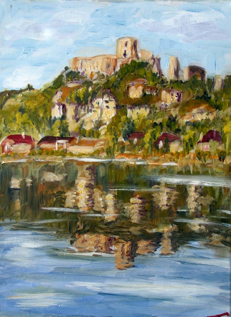 Original Architecture Painting by Elena Sokolova | Impressionism Art on Canvas | Chateau Gaillard and it's reflection