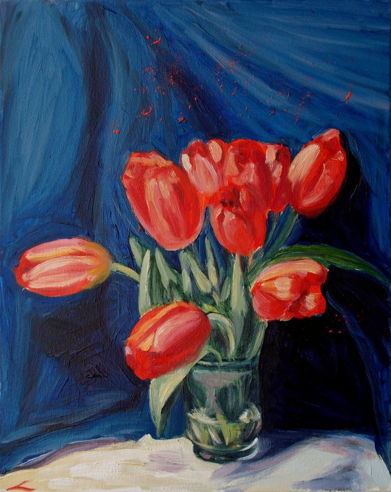 Red tulips Painting by Elena Sokolova | Saatchi Art