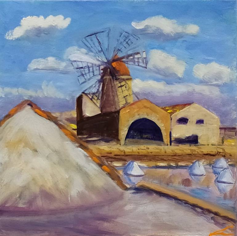Original Architecture Painting by Elena Sokolova | Impressionism Art on Canvas | Salt mill at Trapani