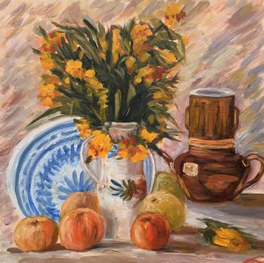 Vase with Flowers, Coffeepot and Fruit, inspired by van Gogh. thumb