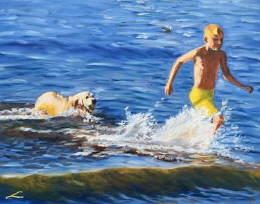 Boy, sea and a wet dog thumb