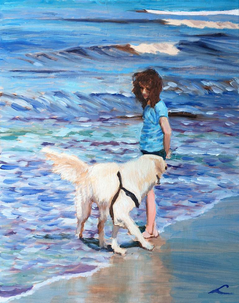 Sea品 Girl with a dog Painting by Elena Sokolova | Saatchi Art Malta