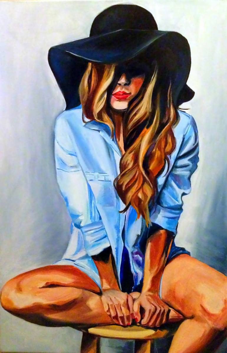 Glammy Hat Oil Painting Canvas Print Print On Fine Art Paper Wall Art Home Decor Sexy Girl Erotic Art Red Lips Blue Jeans Painting By Sasha Robinson Saatchi Art
