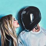 THE HELMET - oil painting, girl and guy, wall art, interior design, pop art, realism, artist of the day, blonde, home decor, best gift idea by Sasha Robinson
