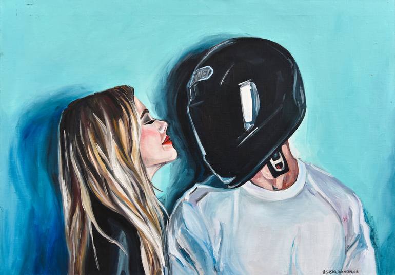 The Helmet Oil Painting Girl And Guy Wall Art Interior Design Pop Art Realism Artist Of The Day Blonde Home Decor Best Gift Idea Painting By Sasha Robinson Saatchi Art