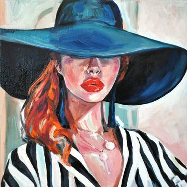 HAT AND LIPS - woman in hat, oil painting, home decor, red lips, pop art, fine art, ginger hair, neck, full lips, hat thumb