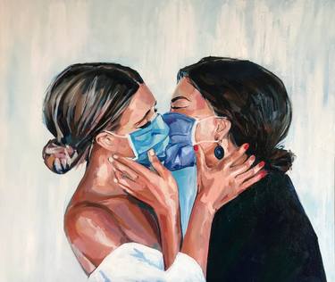 COMFORT ZONE - original oil painting, white, blue, black, covid 19, pandemia art, girls kissing, erotic art, pop art, office art, decor home decor gift idea thumb