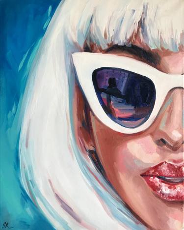 WITHOUT ANY MEANING BEHIND - oil painting, original gift, girl, glasses, red lips, blonde, office decor, home interior thumb