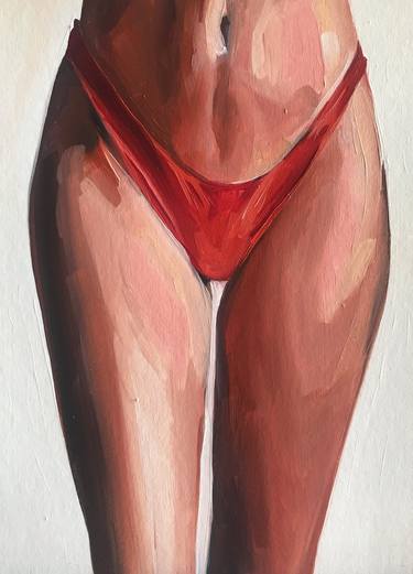 Only swimming trunks - oil painting on cardboard, original gift, red underwear, woman legs, nude, erotics, original gift, home decor, pop art, office interior thumb