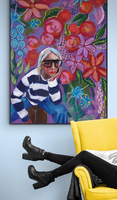 Very Peri Girl with Flowers Abstract Giclée print on Canvas - Limited Edition of 25 thumb