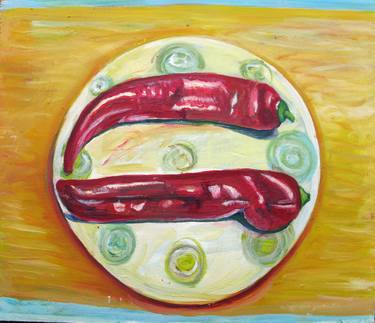 Still life - Red Chilli Peppers on a Plate thumb