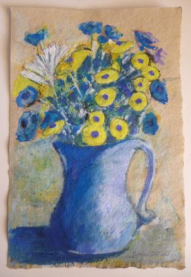Yellow flowers, blue jug thumb