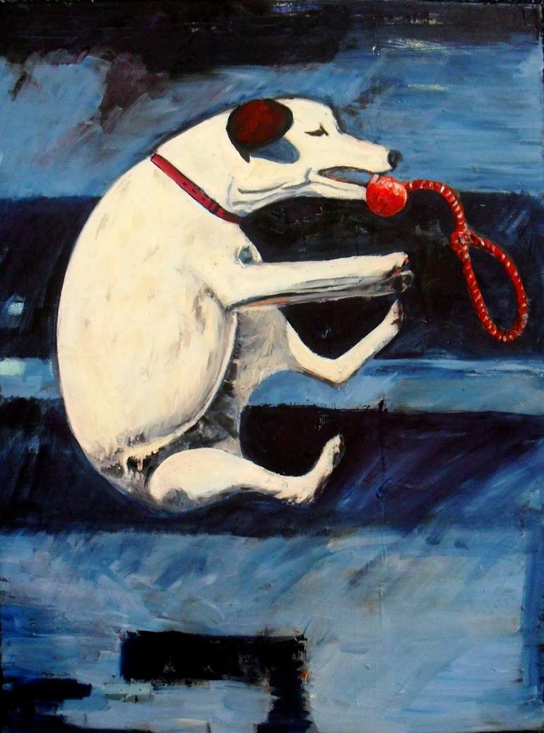 Original Animal Painting by Carol Bwye | Abstract Art on Canvas | Jumping dog with throw toy