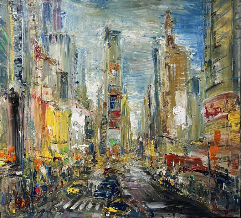 Palette Knife Modern Contemporary New York Manhattan Times Square Skyline  Artwork Square Abstract wall Art Oil