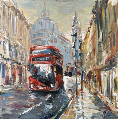 London Red Bus, impressionist painting 35 x 35 cm thumb