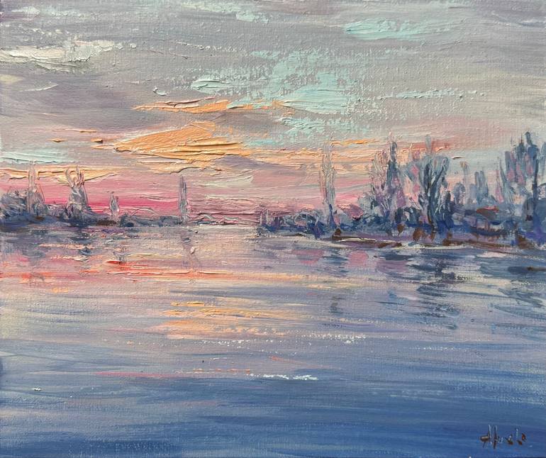 油絵　oil painting An idyllic landscape. Oil on canvas 60 x 90 cm Painting by Altin