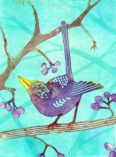 Wren and Berries ( blue) - Limited Edition 4/ 12 thumb