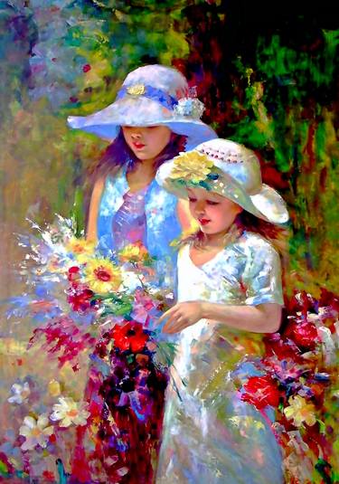 O-Two Young Girls Picking Flower in the Garden thumb