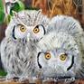 This is a family of four snow owls, At the right hand side are their parents, while two youngsters are at the left hand side.
This is an oil painting on canvas mounted on wooden rack