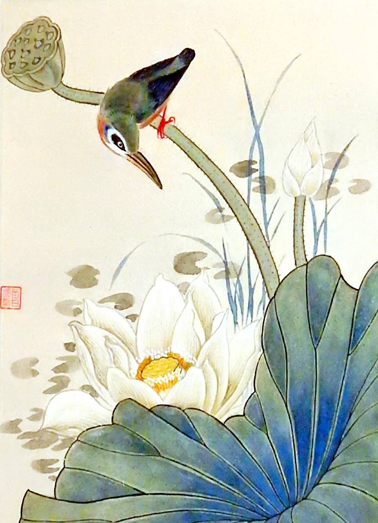 lotus and birds chinese flower painting