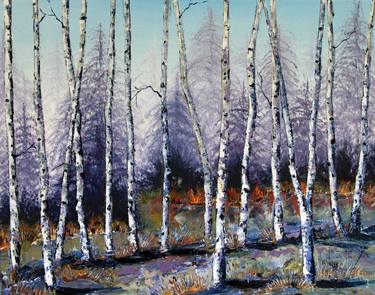 Evergreen and birch by Lisa Elley. Palette knife painting in oil thumb