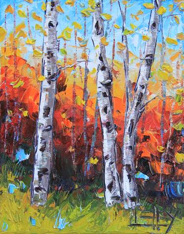 Three Birches Palette Knife Painting in Oil thumb