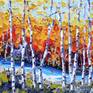 A textured palette knife painting in oil featuring colorful birch trees