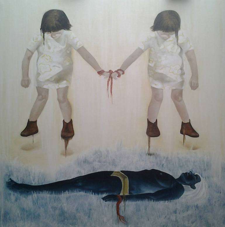 Original People Painting by Dominique Selen | Figurative Art on Canvas | Staring at the broken blues of het body