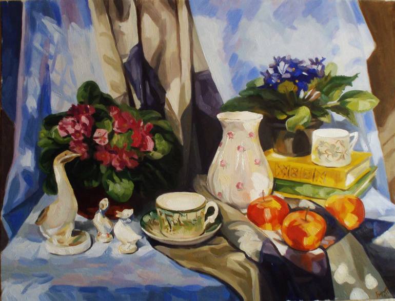 Still life with violets Painting by Kateryna Bortsova | Saatchi Art