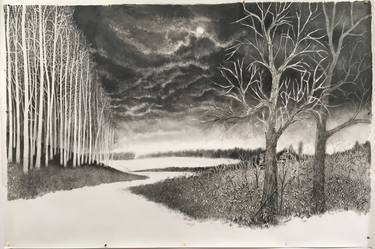 Misty forest drawing with charcoal pencil and charcoal sticks / Drawing  with charcoal 