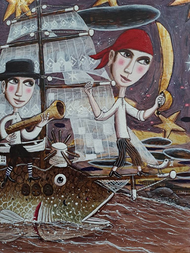 Original Folk Boat Painting by Pendelio Christian