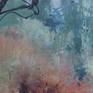 On a walk in late March, just before the snow fell, Bryant Woods was lit from within by the reflected light in the impending storm. It was unusually radiant. This mixed watermedia landscape is painted on the plastic paper Yupo.