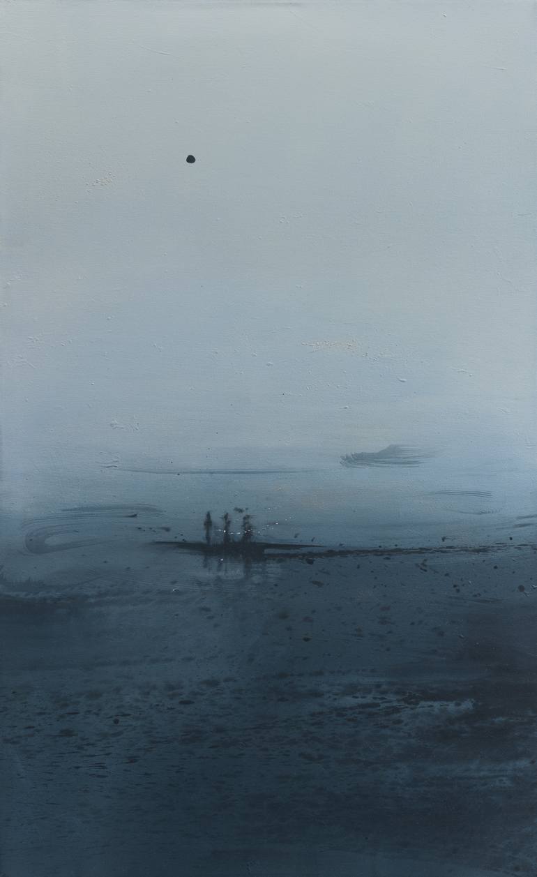 Original Seascape Painting by Miroir Noir | Abstract Expressionism Art on Canvas | Fishers and a black sun