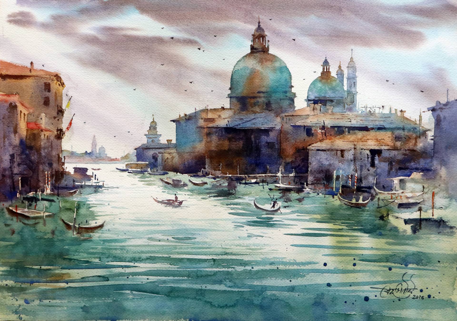 水彩画 Tanti Salute! サン・ジミニャーノ 1998年 Santa Maria Della Salute Painting by Vikrant Shitole | Saatchi Art
