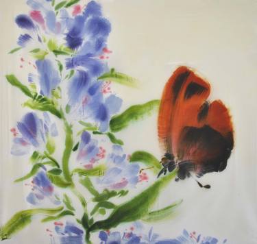 The blue flower with orange butterfly thumb