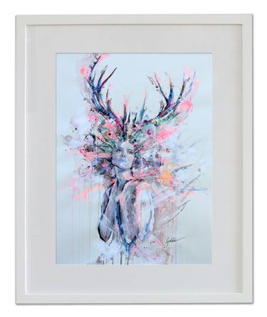 Deer Woman - hand colored art print thumb