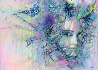 Butterfly girl - hand colored art print on canvas thumb