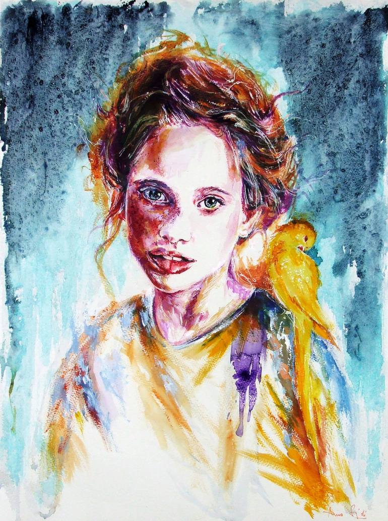The girl with the bird Painting by Anna Sidi-Yacoub | Saatchi Art
