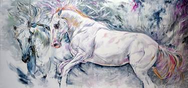 FREEDOM / HORSES 60" X 29" X LARGE PAINTING / MODERN EQUINE CONTEMPORARY thumb