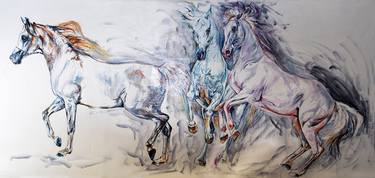 3 COLORS / HORSES 60" X 29" X LARGE PAINTING / MODERN EQUINE CONTEMPORARY thumb