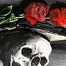 This is a small painting that reflects my studies of Stoic Philosophy.  The skull reflects my inevitable death while the roses reflect the beauty and life of my partner and daughter.