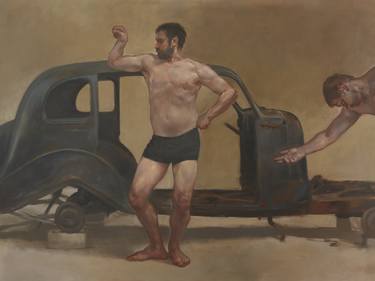 Bodybuilder in Front of an Old Car thumb