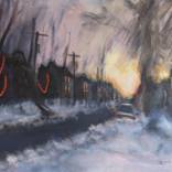 Night falls over a snowy street by Sarah Beth Goncarova